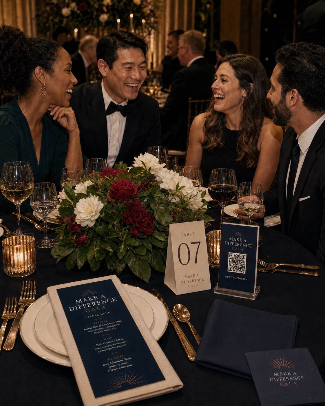Gala guests at a table set with a printed menu, table number, and QR card